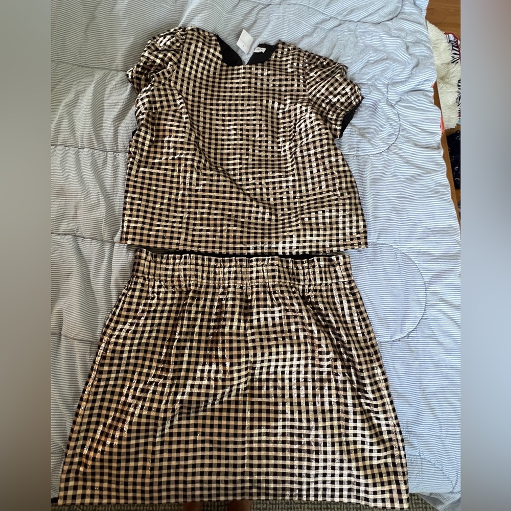 Jcrew Factory Gold and Black Lurex bow top and skirt XxL